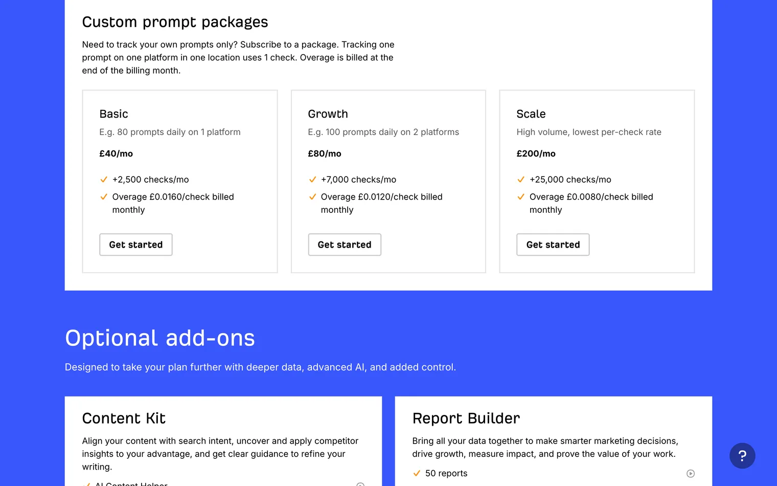 Ahrefs custom prompt packages: Basic, Growth and Scale, each with a monthly allowance of checks and its own overage rate