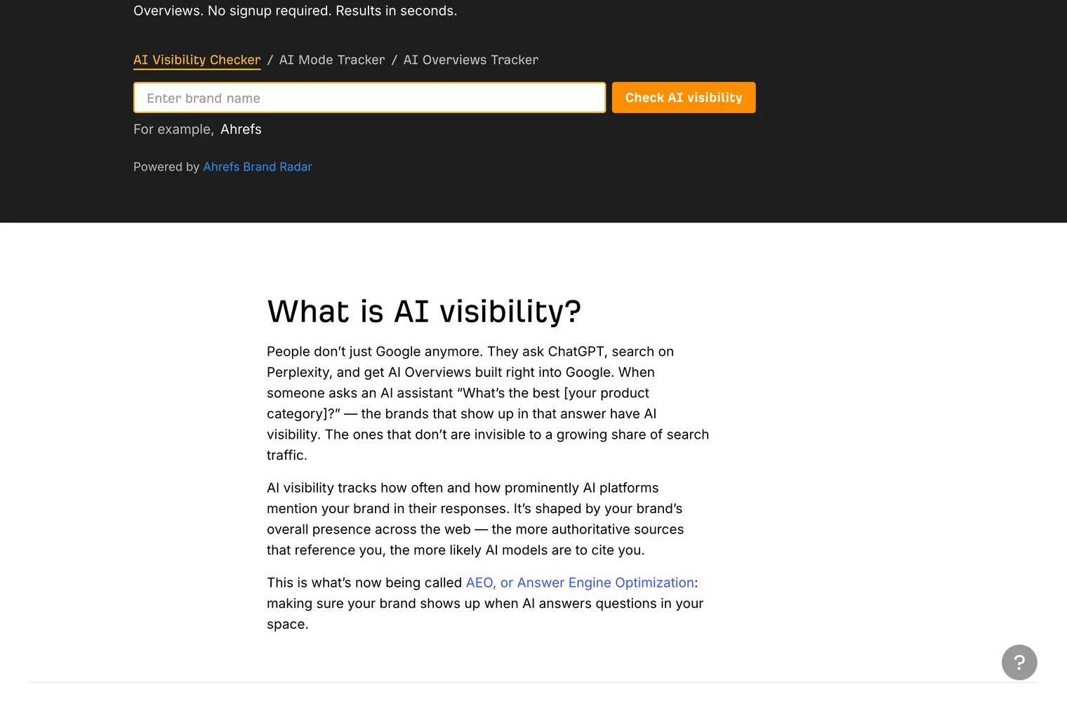Ahrefs free AI Visibility Checker: a box asking for a brand name and a Check AI visibility button, powered by Brand Radar