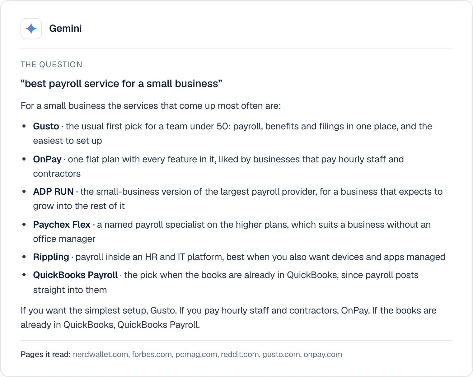 A Gemini answer to "best payroll service for a small business": a short list with a line on each and the sites it read underneath