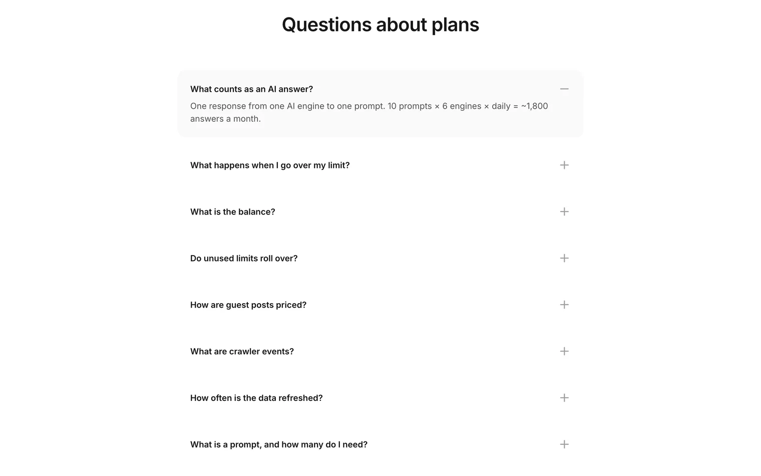 AskWatch pricing FAQ: an AI answer is one AI engine's reply to one tracked question, and the allowance resets each month