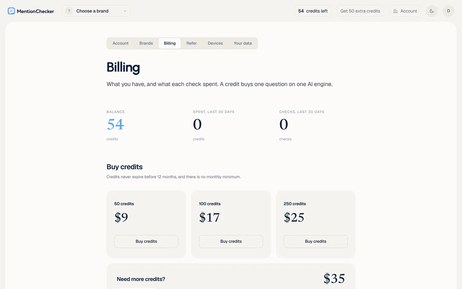 Pay as you go AI visibility tracker billing page: the balance in credits, the packs from $9 and a box that quotes any number of credits