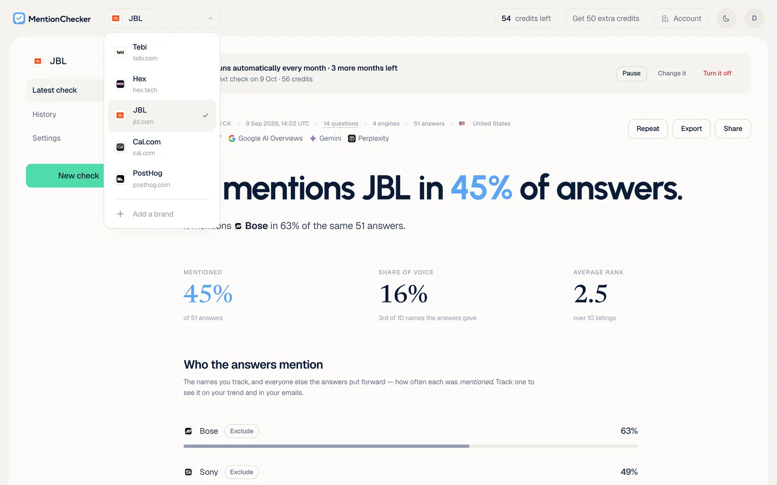 The brand switcher on an AI visibility report: every brand in the account listed with its mark and domain, and Add a brand under them