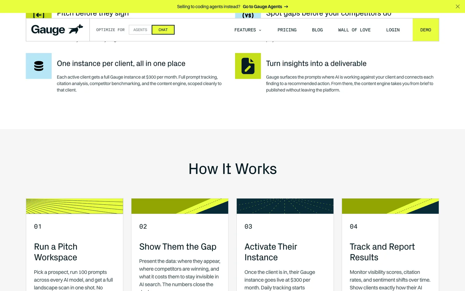 Gauge Agency Mode page: one instance per client at 300 dollars a month, and the four steps from a pitch to a live client