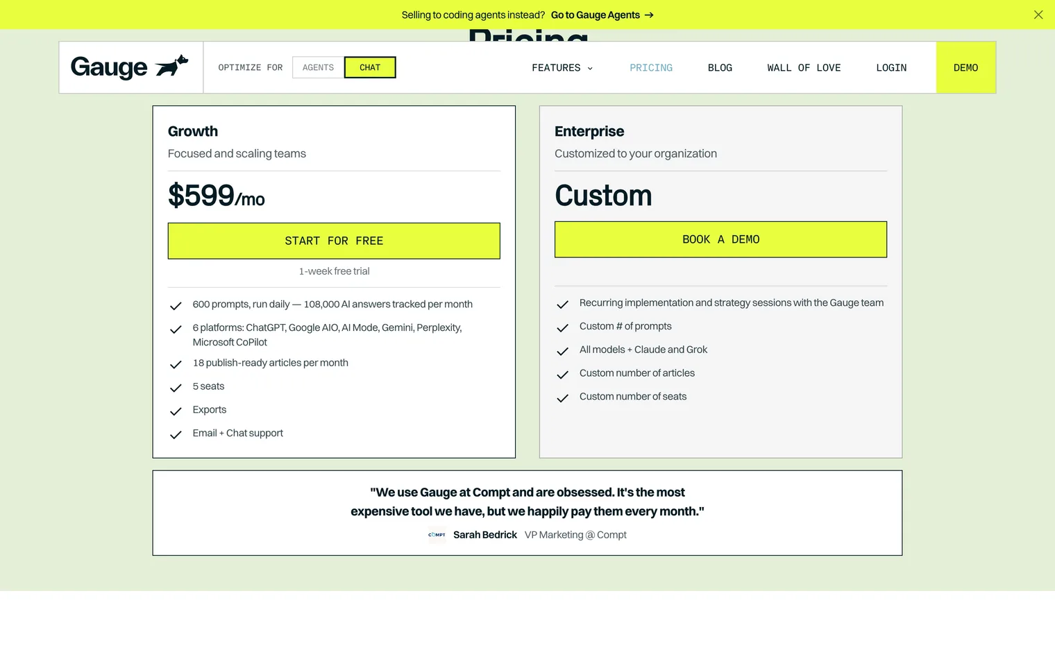 Gauge pricing page with the Growth plan at 599 dollars a month and the Enterprise plan priced after a demo