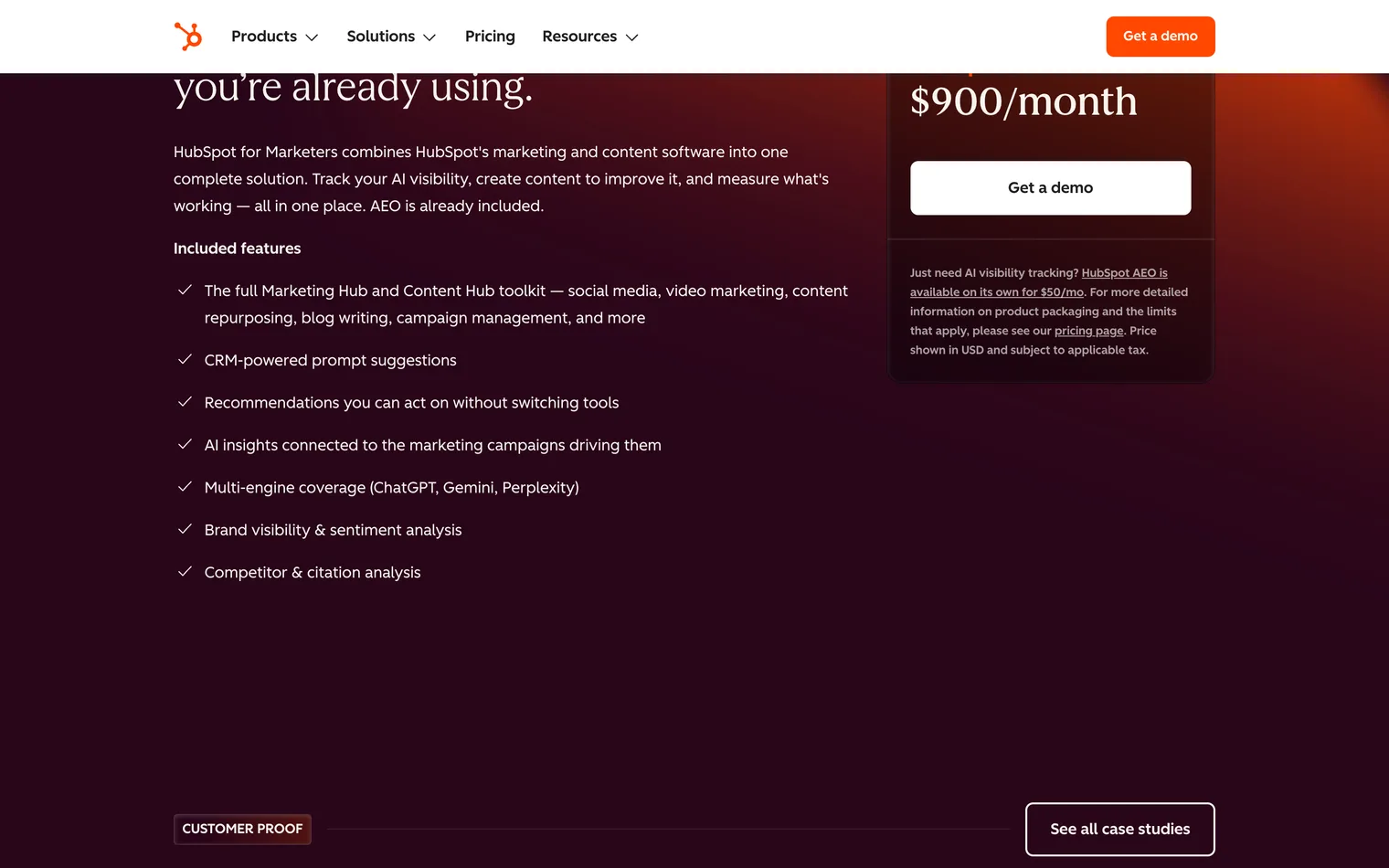 HubSpot AEO's included list on 28 September 2026: multi-engine coverage across three answer engines, with AEO at 50 dollars under the 900 dollar bundle