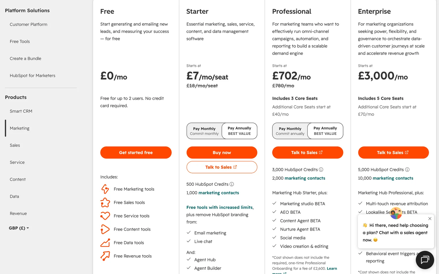 HubSpot AEO pricing in pounds: Marketing Hub's four plans, with AEO Beta listed under Professional