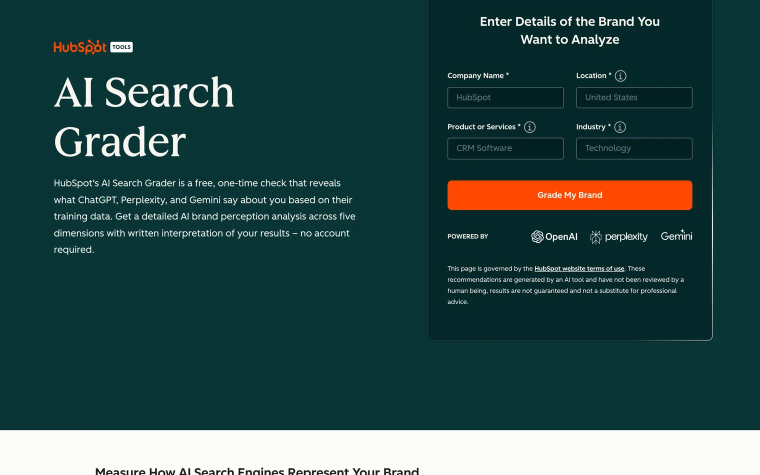 HubSpot's free AI Search Grader: the form asking for a company name and an industry rather than a web address