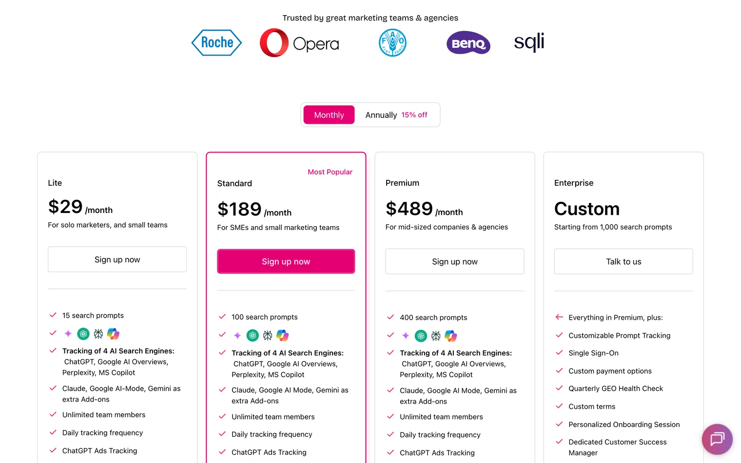 Otterly's pricing page as read on 28 September 2026: four plan cards with their monthly prices, question counts and the four AI engines each one tracks