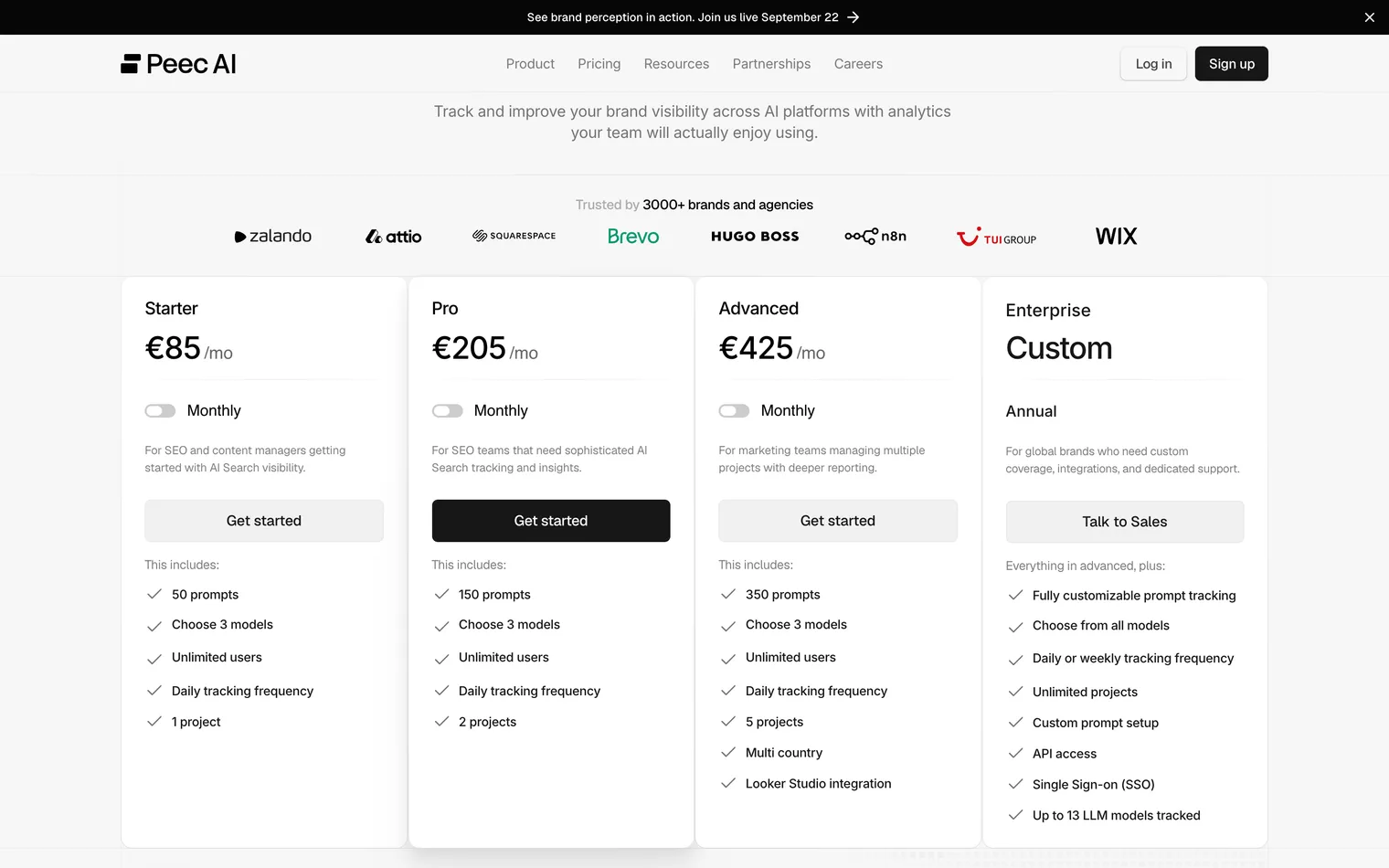 Peec AI's pricing page for brands as read on 21 September 2026: Starter, Pro, Advanced and Enterprise with their monthly prices