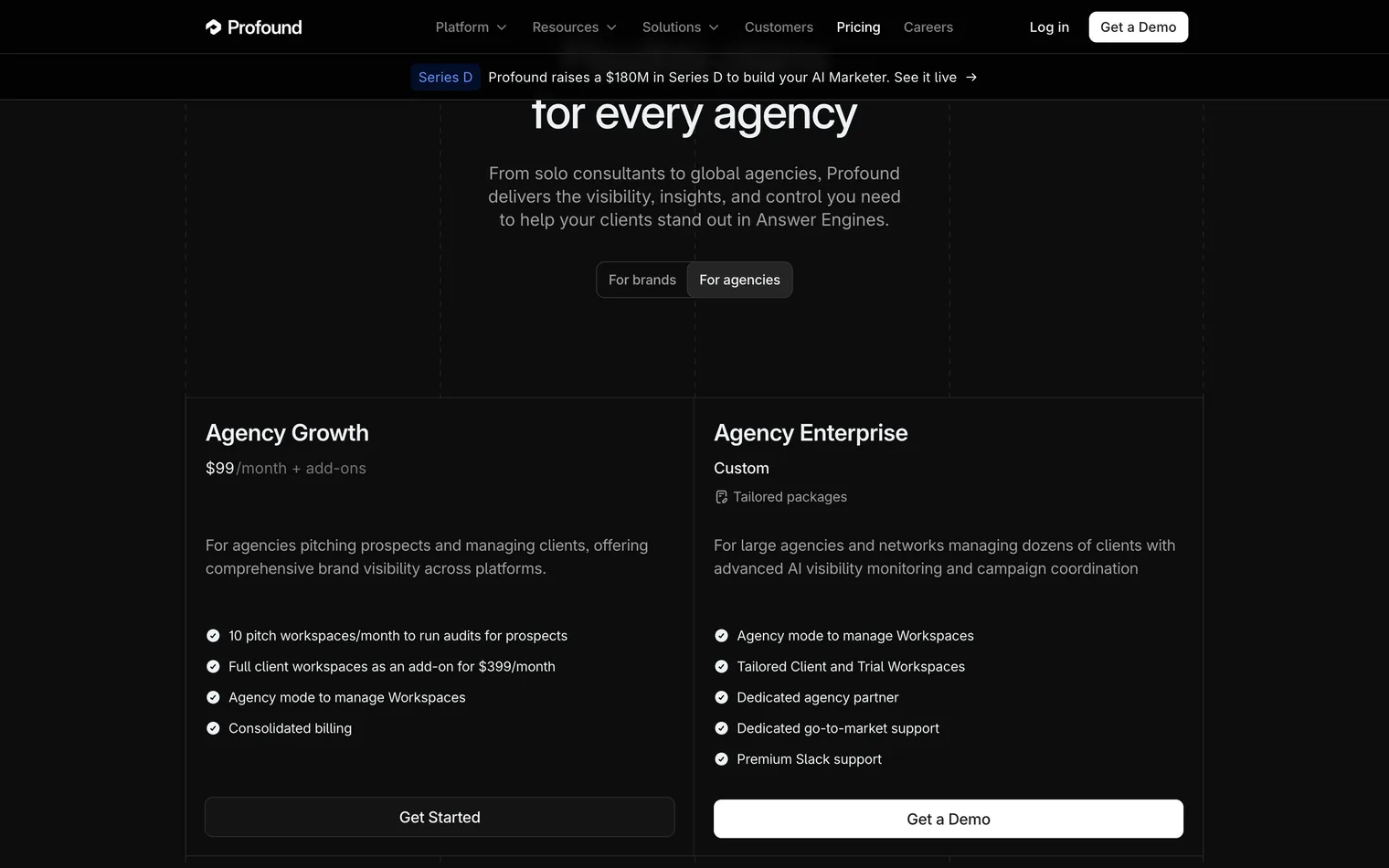 Profound's pricing page for agencies as read on 21 September 2026: Agency Growth at 99 dollars a month plus add-ons, and Agency Enterprise at a custom price