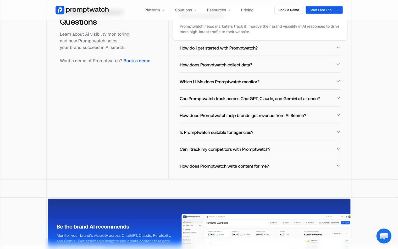 Promptwatch pricing FAQ: its questions on which AI models it monitors, tracking competitors, agencies, and the content it writes