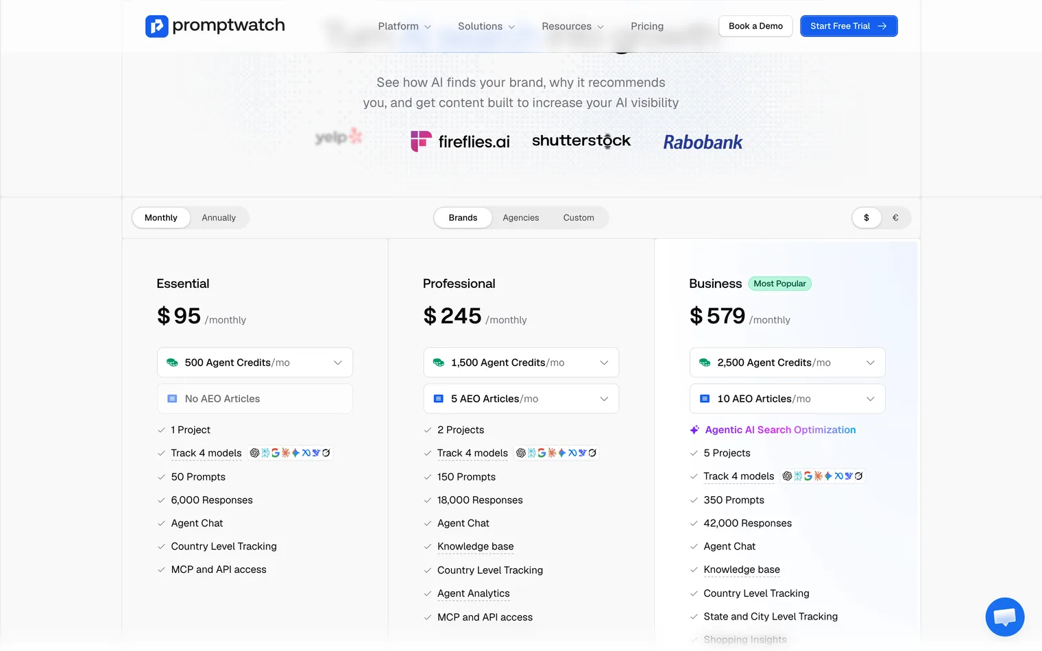 Promptwatch's pricing page with its Essential, Professional and Business cards side by side, each counting agent credits, projects and tracked questions