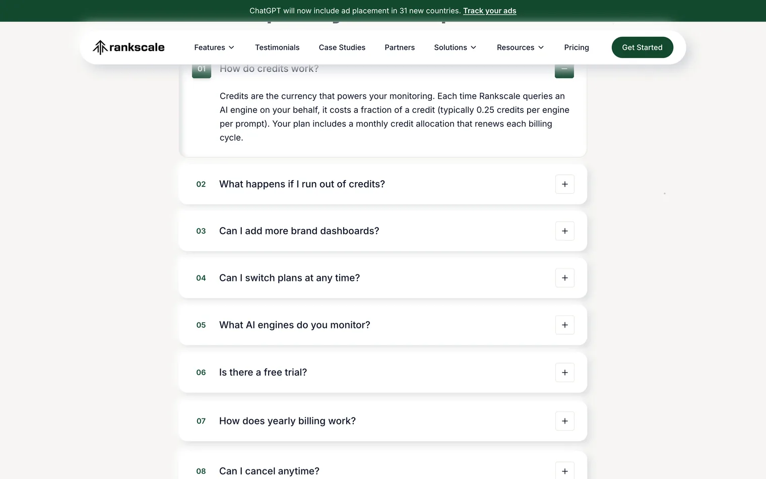 Rankscale's pricing FAQ: a question on one AI engine costs a fraction of a credit, typically 0.25, out of an allocation that renews each billing cycle