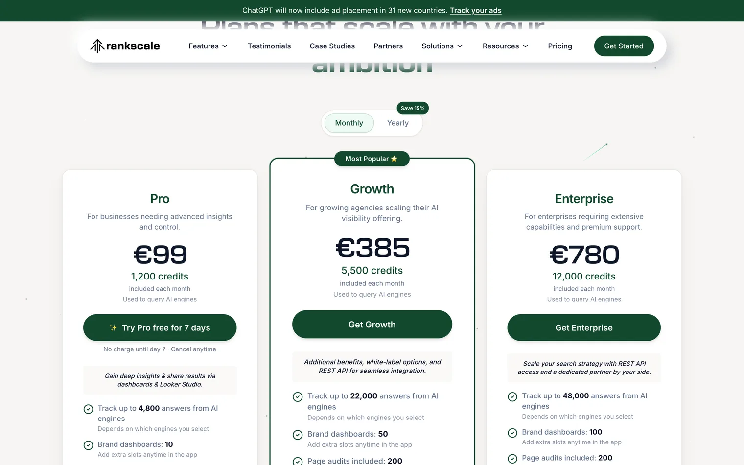 Rankscale pricing: Pro at 99 euros a month with 1,200 credits, Growth at 385 and Enterprise at 780, above a monthly and yearly toggle