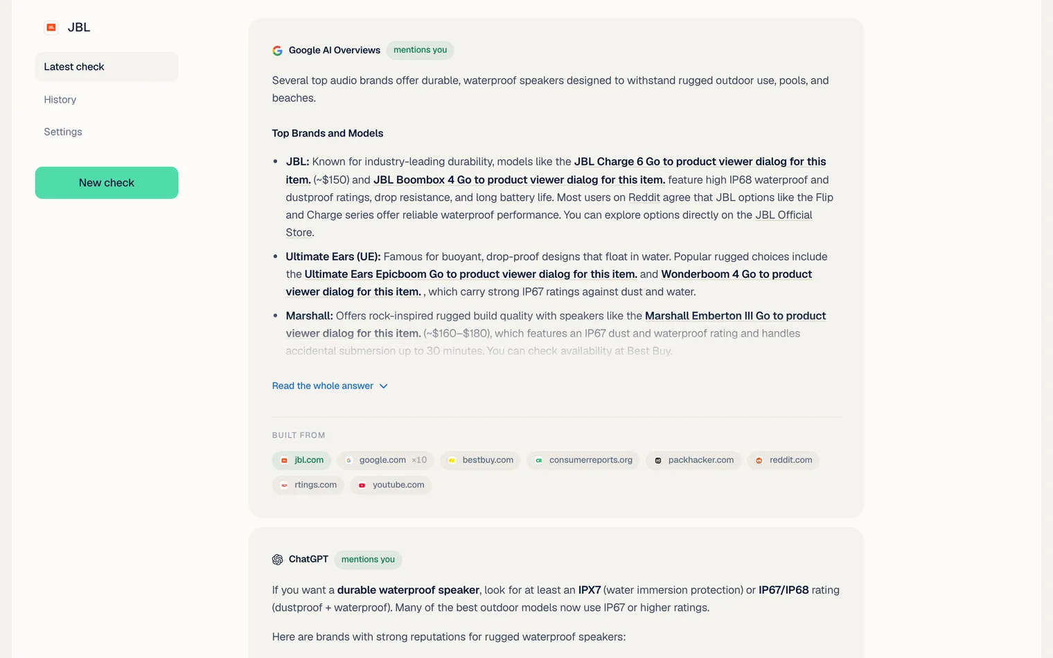 Google AI Overviews visibility check: an AI Overview open in the MentionChecker report, marked mentions you, with the eight websites it linked under it
