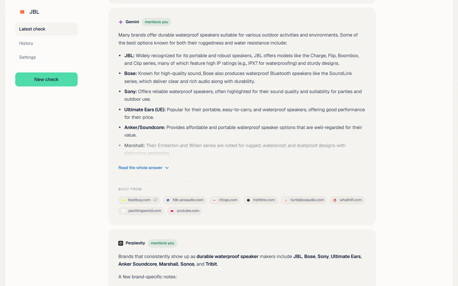 Gemini visibility check: a Gemini answer open in the MentionChecker report, marked mentions you, with the eight websites it cited under it
