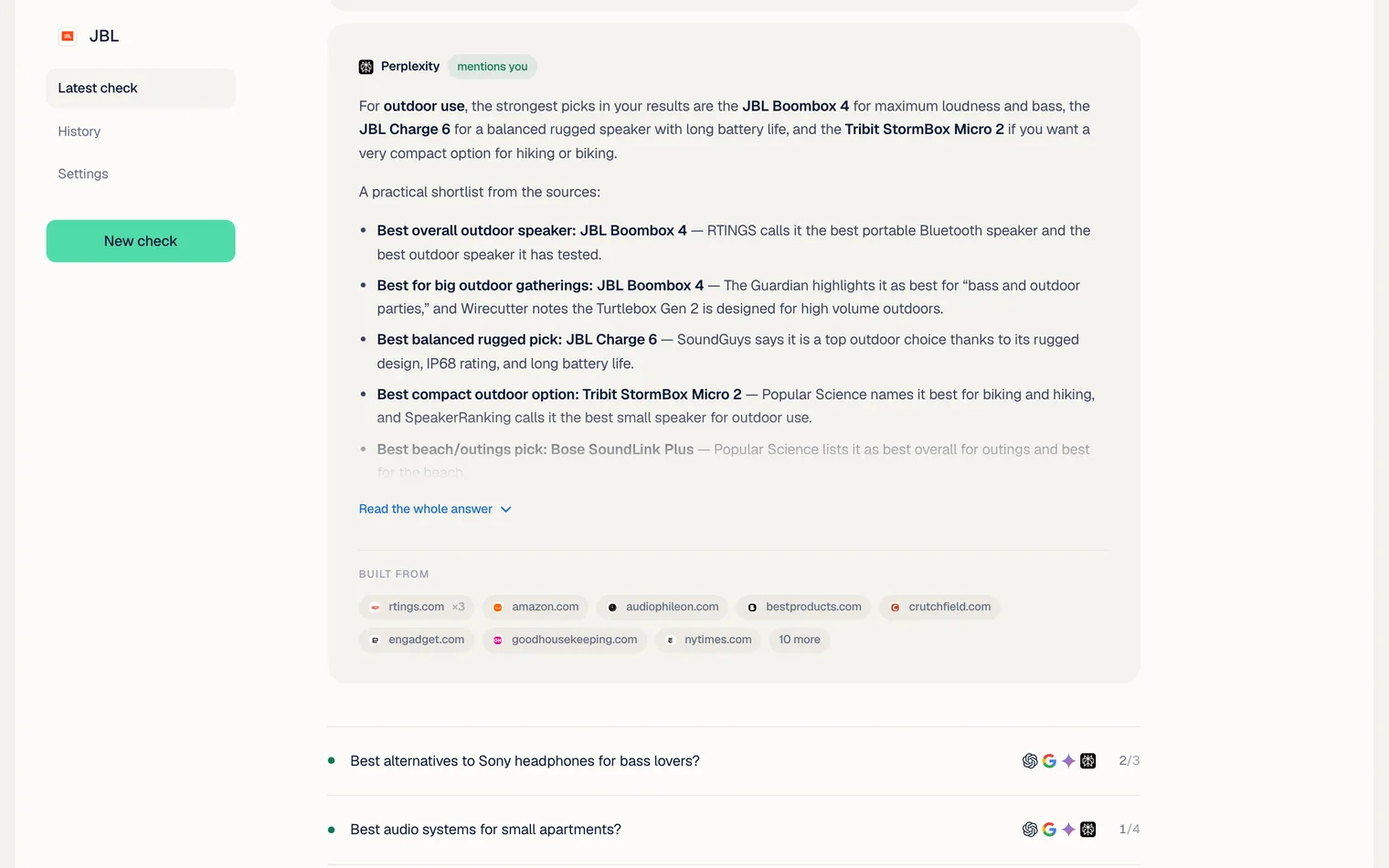 Perplexity visibility check: a Perplexity answer open in the MentionChecker report, marked mentions you, with every website it cited under it