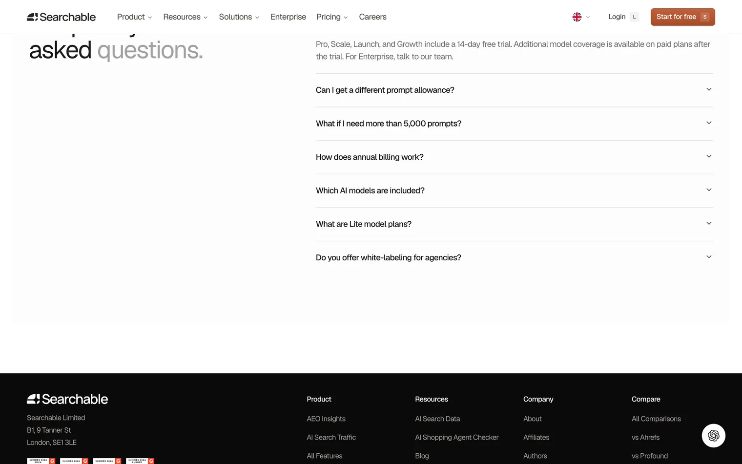 Searchable's pricing FAQ: four named plans include a 14-day free trial and extra AI engine coverage comes on a paid plan after it