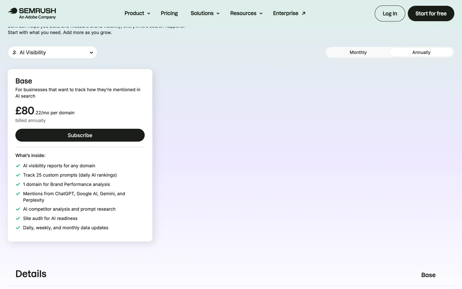 Semrush's AI Visibility Toolkit pricing page on 28 September 2026: the Base card, its monthly price, the 25 questions it tracks and the AI engines it names