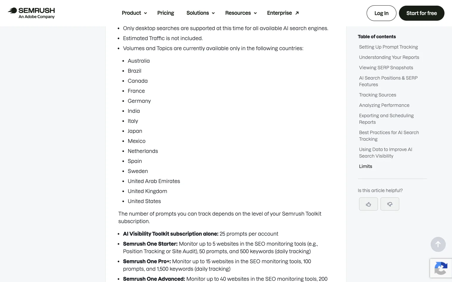 Semrush's help centre on 28 September 2026: the limits section, 25 tracked questions per account on the toolkit alone and 50, 100 or 200 on its bundles