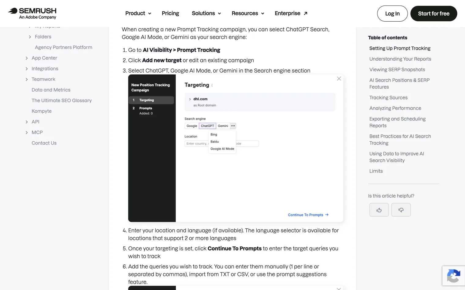 Semrush's help centre on prompt tracking: a new campaign's search engine selector, with Google, ChatGPT, Gemini and Google AI Mode as the choices