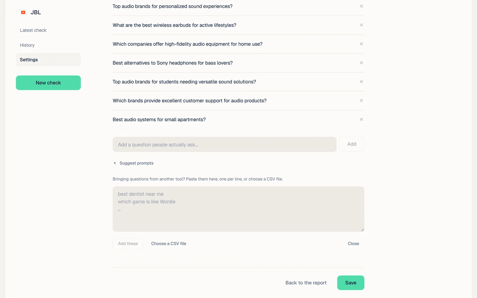 The Questions list in a brand's Settings with Import a list open: a paste box for one question per line and a Choose a CSV file button