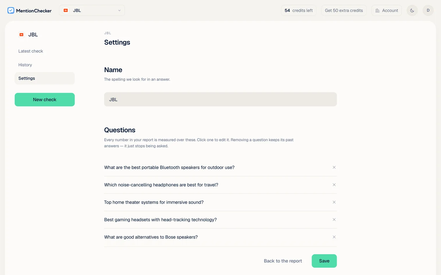 MentionChecker's Settings page for a speaker brand: the brand's name, then the Questions list MentionChecker proposed, each question with a remove button, and the Save button