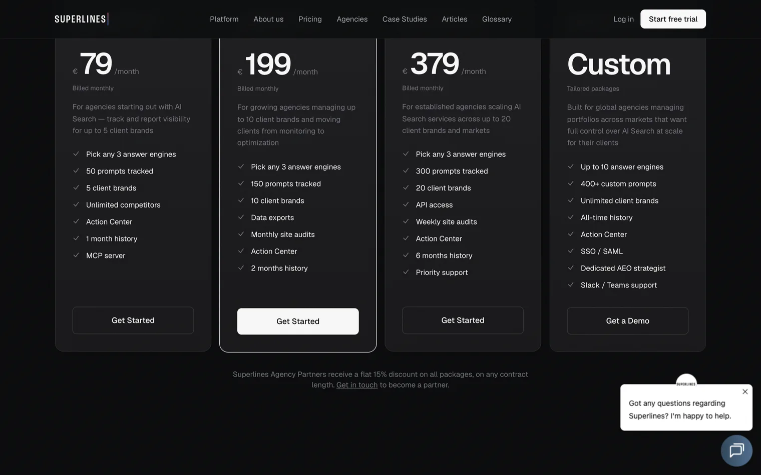 The agency tab of Superlines' pricing page, its three cards side by side