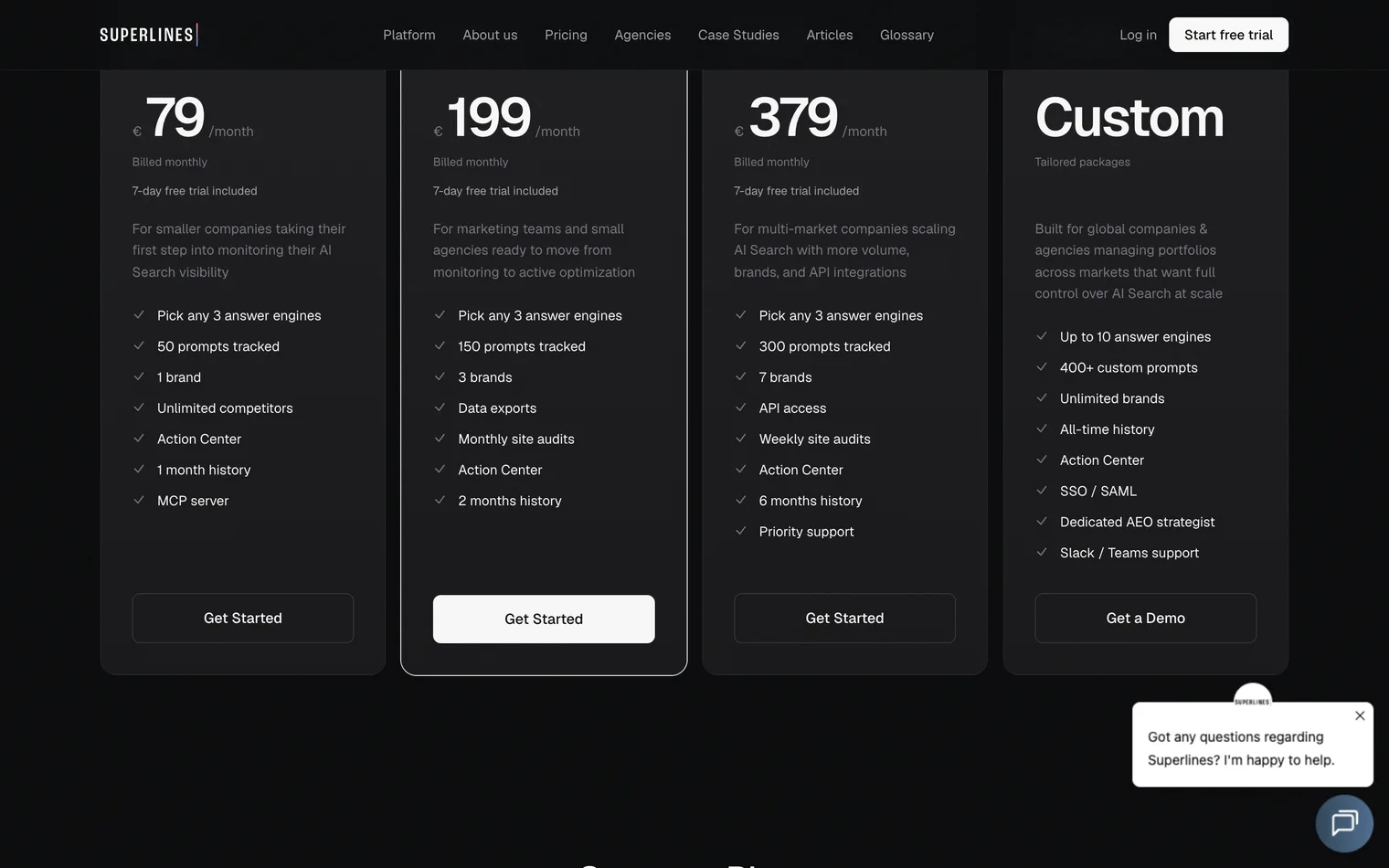 What each Superlines package includes: three AI engines picked from its list, the tracked-question count, the brands and the months of history