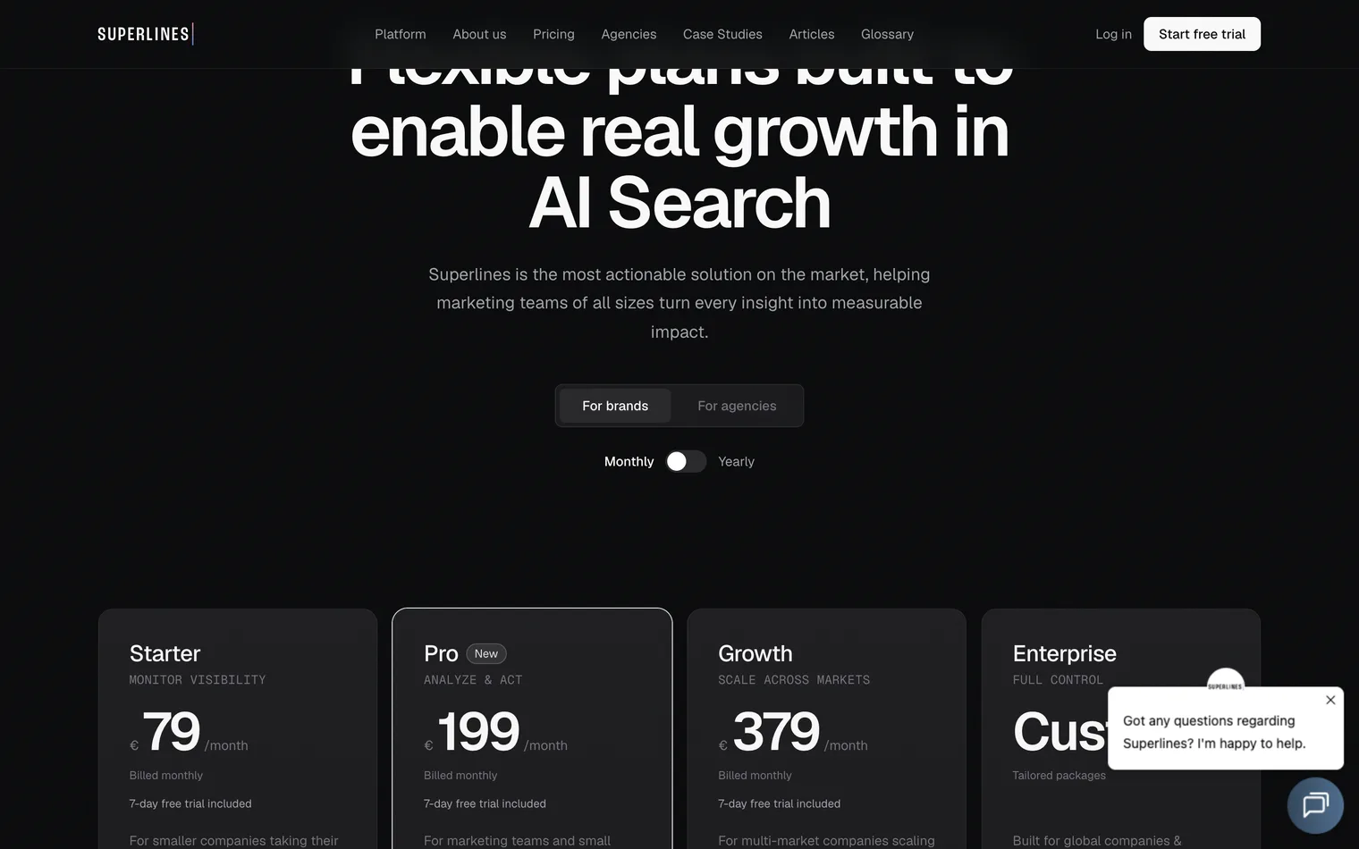 Superlines pricing page with its four brand packages and the For brands and Monthly switches as it opens