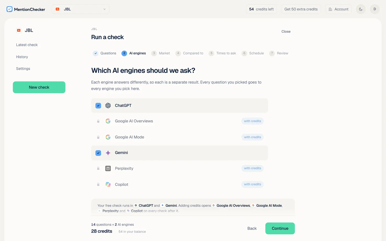 Copilot visibility check: the check wizard's AI engines step listing six AI engines, Copilot among them, marked with credits