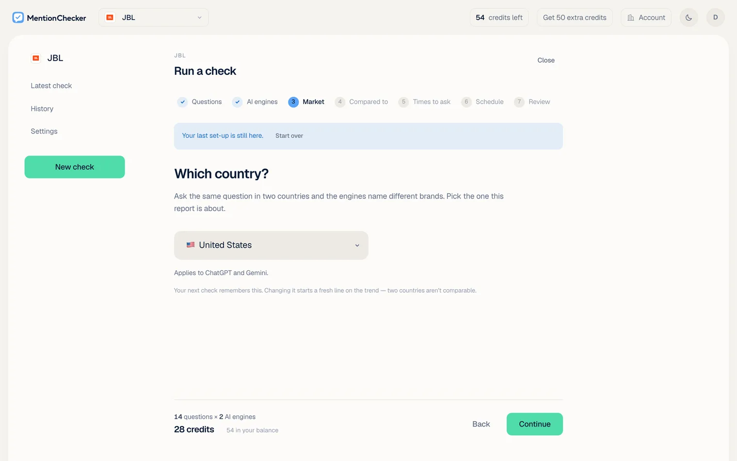 The check wizard's Market step: Which country?, with the United States chosen for a speaker brand