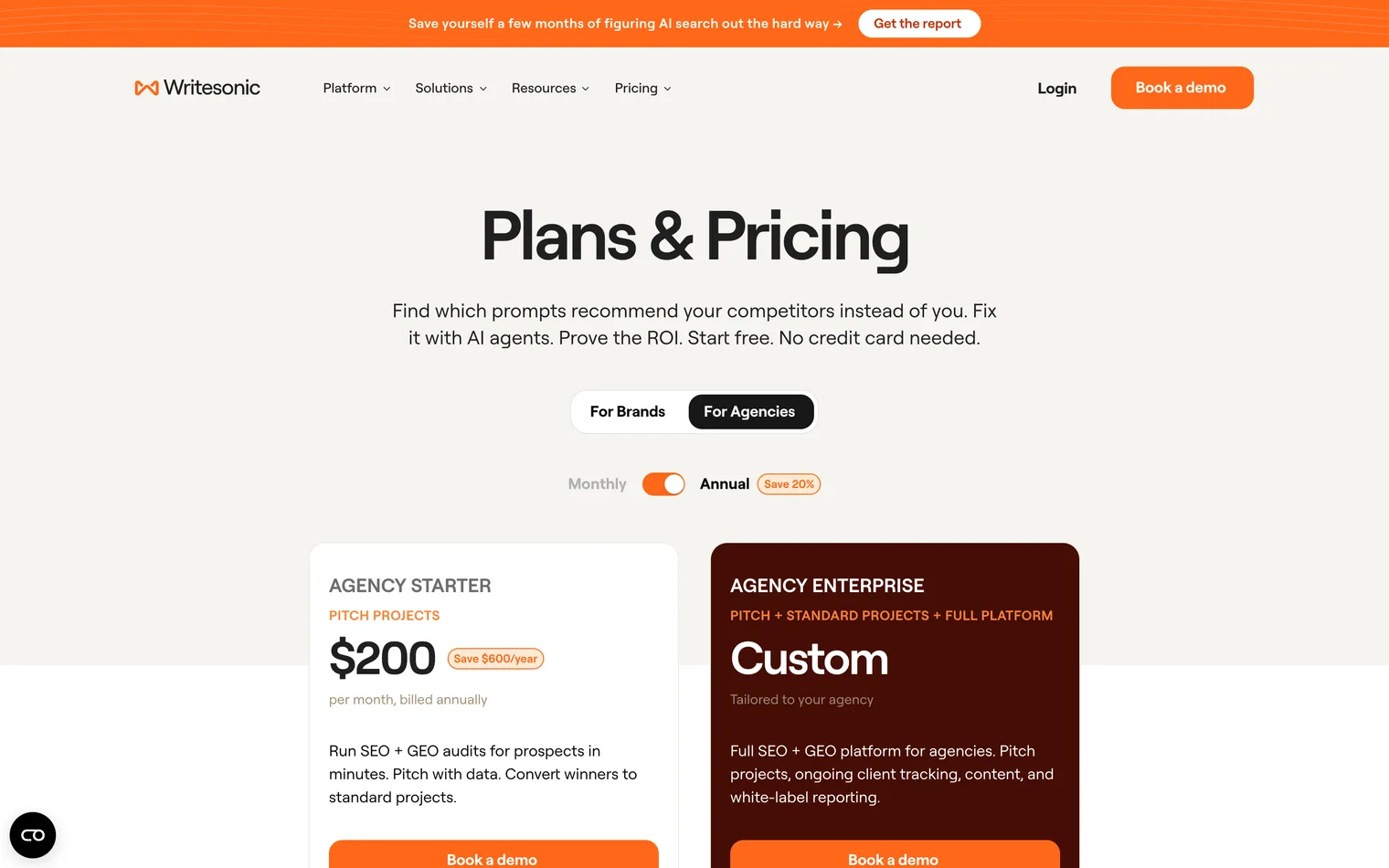Writesonic agency pricing: Agency Starter at 200 dollars a month billed yearly with 2,000 answers a month, and Agency Enterprise priced on request