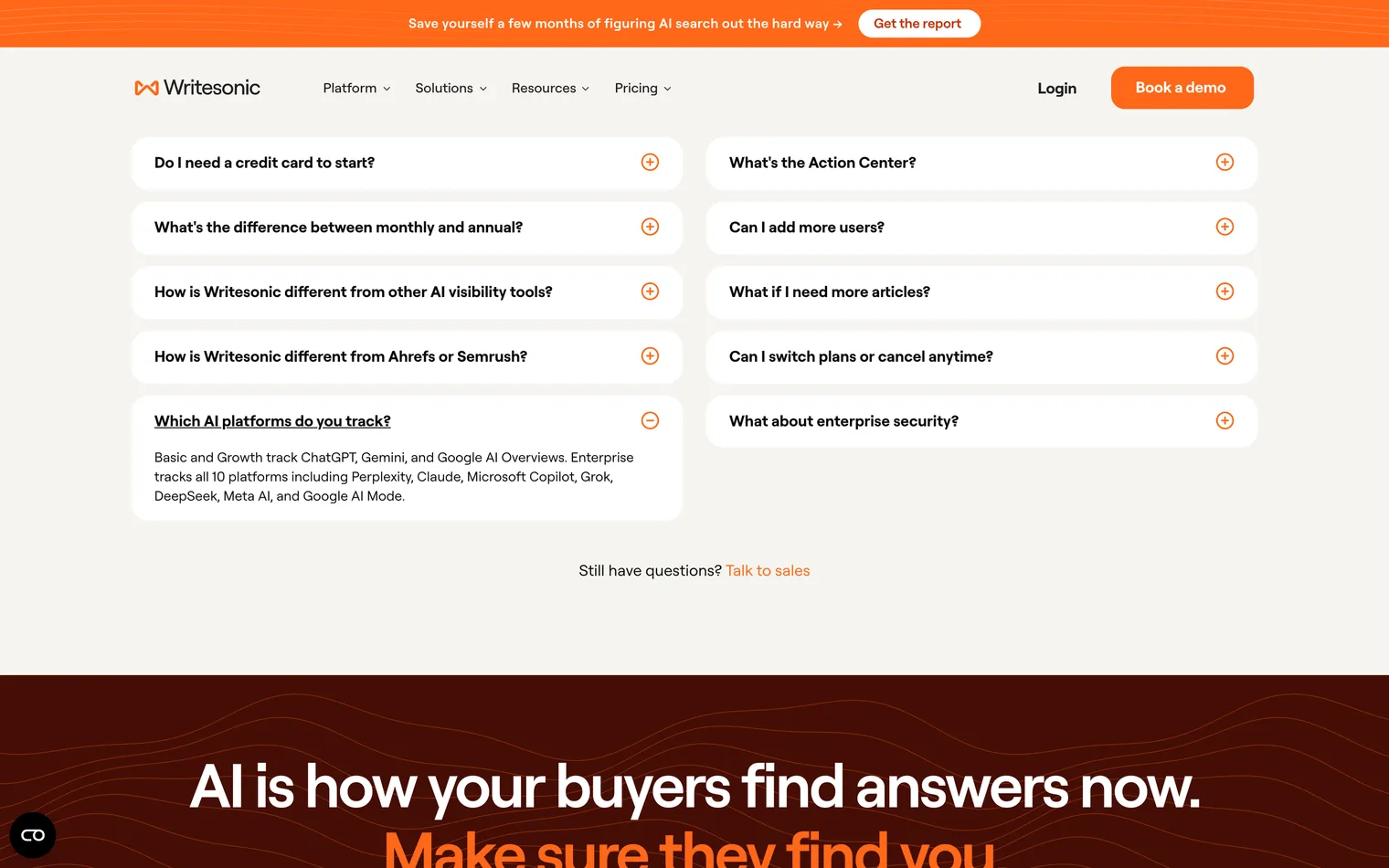 Writesonic's pricing FAQ answering which AI platforms it tracks: three on its paid self-serve plans and all 10 on Enterprise